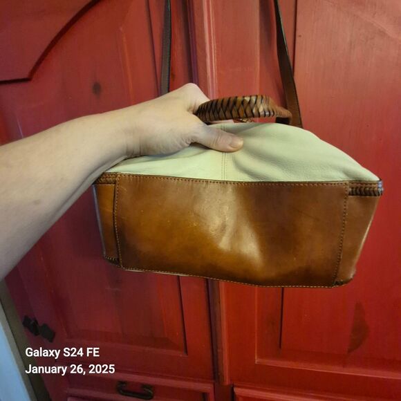 Vintage Fossil Purse Ivory Pebbled Leather Woven Handles Strap Western READ - Picture 4 of 9